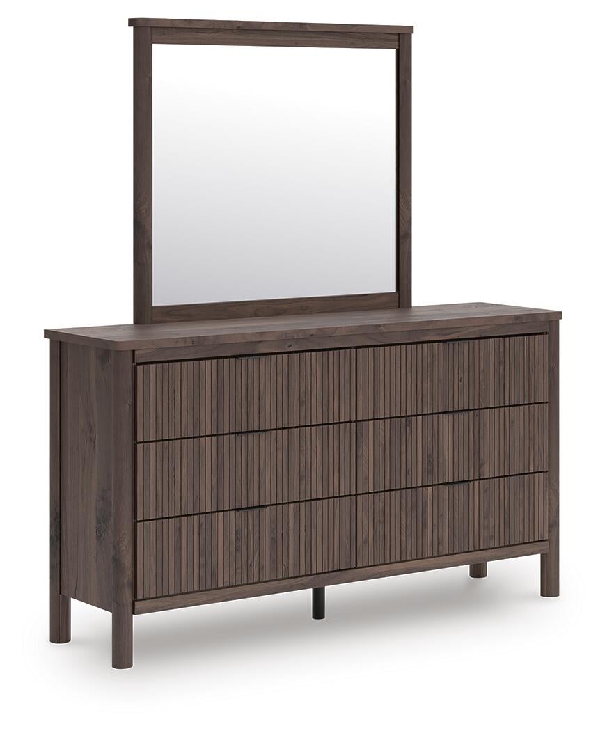 Cadmori Twin Upholstered Panel Platform Bed, Dresser and Mirror