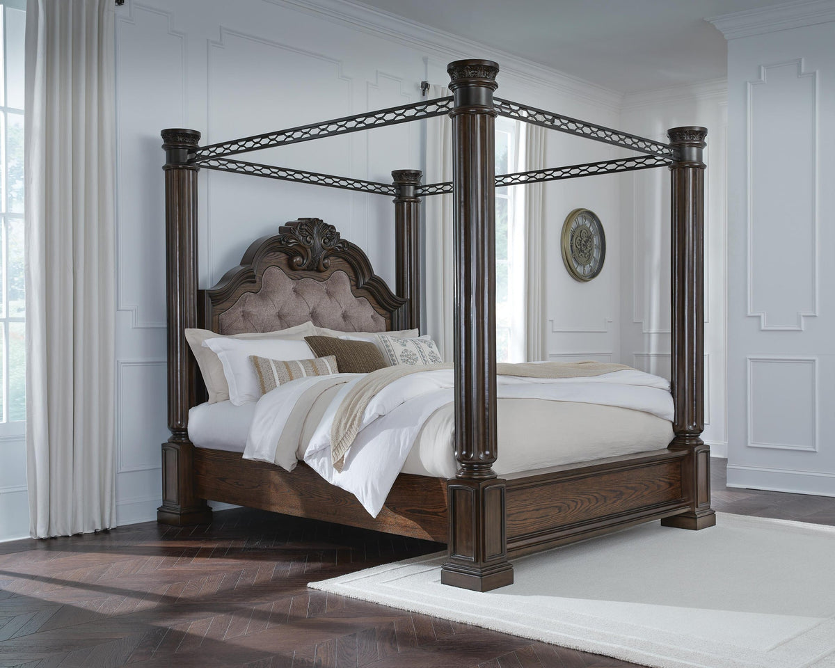 Maylee Queen Canopy Bed, Dresser, Mirror and Nightstand