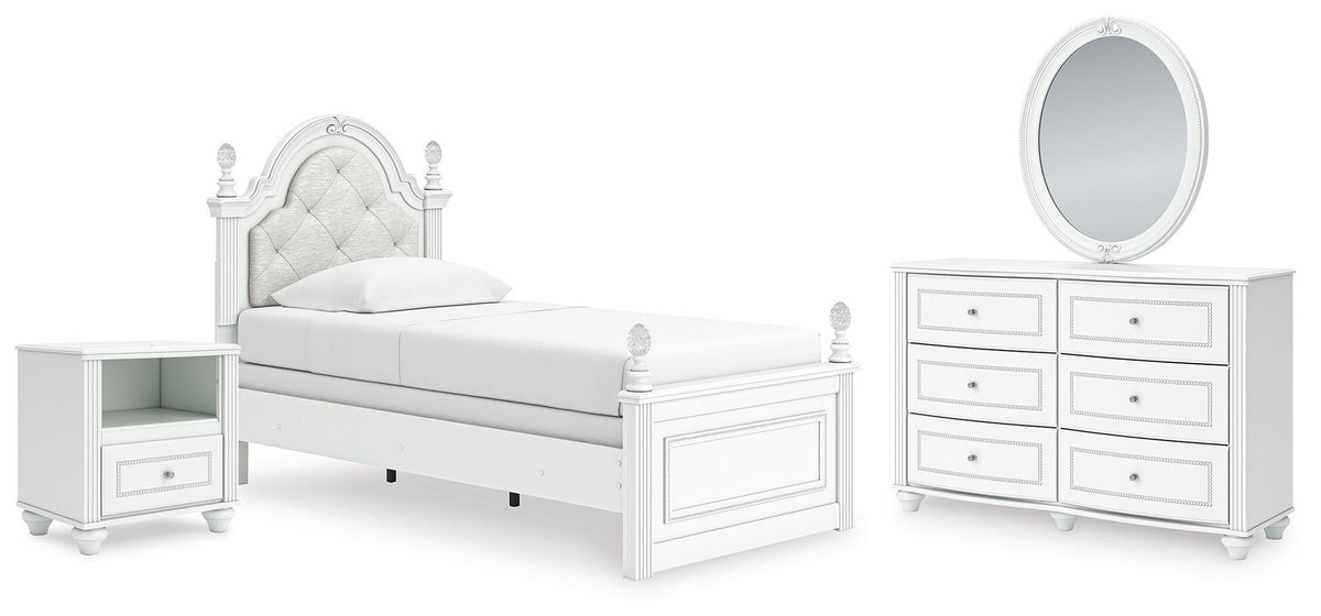 Maylilly Twin Upholstered Panel Bed, Dresser, Mirror and Nightstand