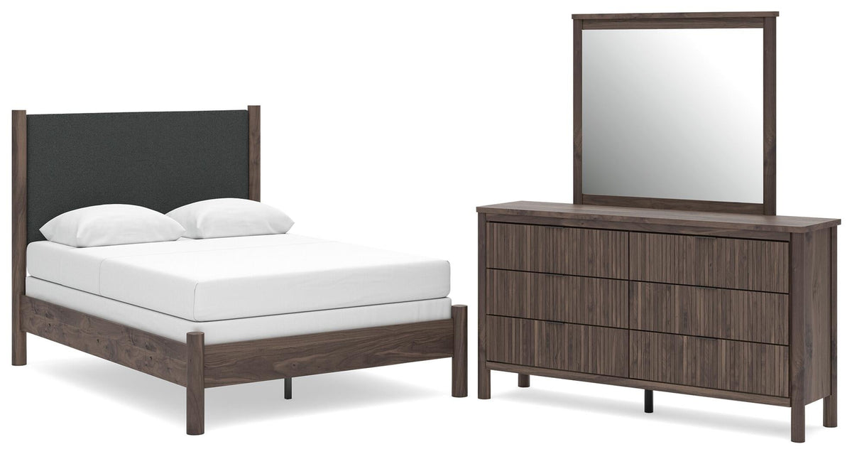 Cadmori Full Upholstered Panel Bed, Dresser and Mirror