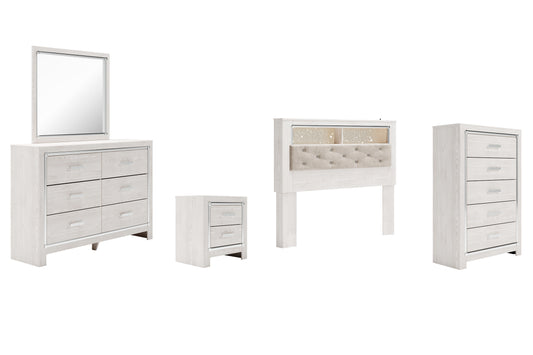 Altyra Queen Bookcase Headboard with Mirrored Dresser, Chest and Nightstand